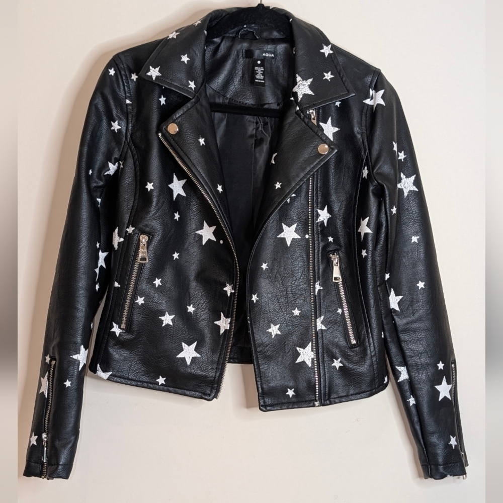 Aqua Faux black leather jacket with stars Sz XS - Picture 3 of 8